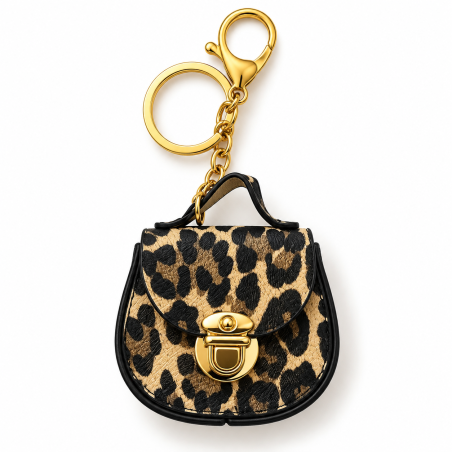 Ciondolo Mini Borsa Leopardato Beige con Moschettone – Accessorio per Borse